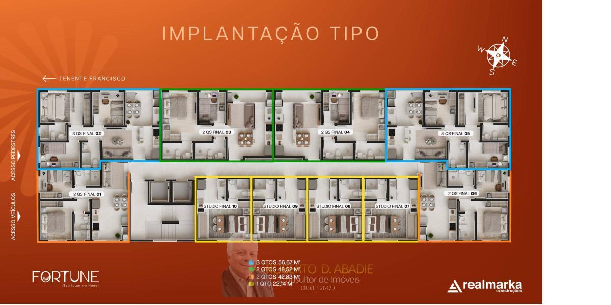 Lançamento Studio Residendial Fortune com 1 a 3 quartos, 22,14m² a 56,67m², à venda em Curitiba, Hauer - ROBERTO D. ABADIE Consultor de Imóveis